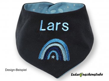 Wende Halstuch Vorderseite (Jersey dunkelblau) Rückseite (Jersey hellblau Sterne weiß) mit Namen hellblau Regenbogen lichtblau-hellblau-mittelblau-lichtblau Stern hellblau